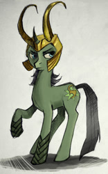 Size: 560x900 | Tagged: safe, artist:lis-alis, pony, unicorn, helmet, loki, male, ponified, raised hoof, solo, stallion