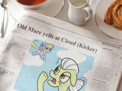 Size: 700x520 | Tagged: safe, artist:reuniclus, cloud kicker, granny smith, newspaper, old man yells at cloud, old mare yells at cloud, simpsons did it, the simpsons