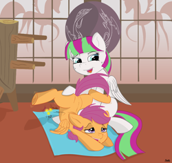 Size: 1874x1768 | Tagged: safe, artist:bloss, blossomforth, scootaloo, pegasus, pony, assisted stretching, backbend, chest stand, contortion, contortionist, contortionista, contortionista-blossomforth, filly, flexible, open mouth, tongue out, training, underhoof