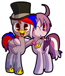 Size: 864x1000 | Tagged: safe, artist:zoiby, oc, oc only, oc:bit drizzle, oc:retro pixel, bat pony, pegasus, pony, bat pony oc, female, hat, male, open mouth, side hug, simple background, tongue out, top hat, transparent background, unshorn fetlocks, watermark