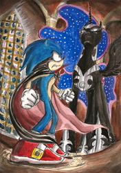 Size: 1632x2312 | Tagged: safe, artist:souleatersaku90, nightmare moon, alicorn, pony, undead, vampire, vampony, clothes, costume, crossover, nightmare night, sonic the hedgehog, sonic the hedgehog (series), traditional art, watercolor painting