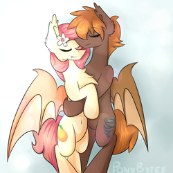 Size: 3000x3000 | Tagged: safe, artist:novabytes, oc, oc only, oc:cloud twist, oc:peach blossom, bat pony, pony, cloud, cloudy, couple, crepuscular rays, female, hug, male, peachtwist, sleeping, snuggling, straight