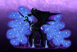 Size: 1280x874 | Tagged: safe, artist:inuhoshi-to-darkpen, nightmare moon, bat wings, solo, spread wings, unshorn fetlocks