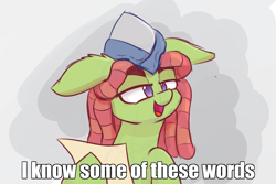 Size: 1280x853 | Tagged: safe, artist:heir-of-rick, tree hugger, earth pony, pony, female, floppy ears, good burger, hat, illiteracy, image macro, meme, ponified, sketch, solo