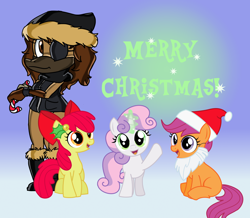 Size: 1762x1539 | Tagged: safe, artist:itoruna-the-platypus, apple bloom, scootaloo, sweetie belle, christmas, cute, cutie mark crusaders, hat, hearth's warming, holiday, itoruna, mistletoe, platypus, santa beard, santa hat