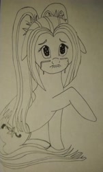 Size: 2013x3339 | Tagged: safe, artist:40kponyguy, derpibooru exclusive, aria blaze, pegasus, pony, crying, line drawing, monochrome, ponified, solo, traditional art