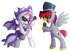 Size: 2176x1575 | Tagged: safe, artist:drawntildawn, oc, oc only, oc:bit drizzle, oc:retro pixel, bat pony, pony, action pose, cutie mark, female, guitar, male, microphone, open mouth, simple background, sunglasses, tongue out, transparent background