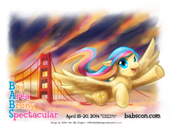 Size: 1000x739 | Tagged: safe, artist:slifertheskydragon, oc, oc only, oc:golden gates, pegasus, pony, babscon, babscon mascots, flying
