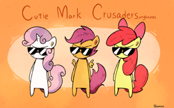 Size: 1280x795 | Tagged: safe, artist:gmrqor, apple bloom, scootaloo, sweetie belle, cutie mark crusaders, sunglasses