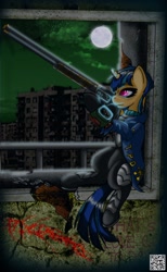 Size: 1182x1920 | Tagged: safe, artist:elmutanto, oc, oc only, oc:sparkplug, pony, unicorn, fallout equestria, fallout equestria: crimson tide, graffiti, gun, moon, night, pipbuck, rifle, ruins, sitting, weapon