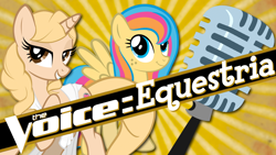 Size: 1024x579 | Tagged: safe, oc, oc only, oc:golden gates, oc:tara strong, oc:taralicious, pegasus, pony, unicorn, babscon, babscon mascots, microphone, tara strong, voice actor