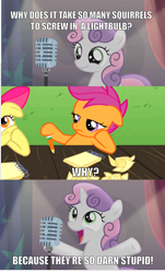 Size: 1325x2189 | Tagged: safe, apple bloom, scootaloo, sweetie belle, squirrel, bloom and gloom, bad sweetie belle joke, spongebob squarepants, squirrel jokes