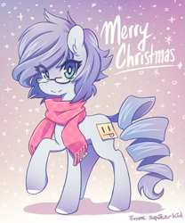 Size: 663x795 | Tagged: safe, artist:jopiter, oc, oc only, oc:celty, earth pony, pony, :>, :p, adorkable, blank flank, clothes, cute, dork, ear fluff, female, glasses, happy, looking at you, mare, merry christmas, raised hoof, scarf, short mane, smiling, snow, solo, sticky note, tongue out