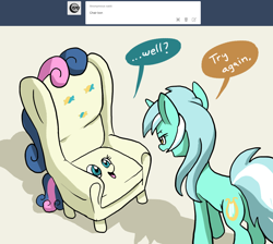 Size: 1280x1146 | Tagged: safe, artist:docwario, bon bon, lyra heartstrings, sweetie drops, pony, armchair, askblankbon, bon bon is amused, chair, female, furniture, lyra is not amused, speech bubble, tumblr, wat