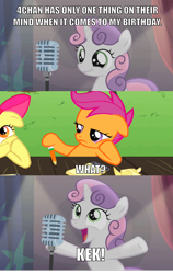 Size: 1325x2095 | Tagged: safe, apple bloom, scootaloo, sweetie belle, bloom and gloom, 4chan, bad sweetie belle joke, kek