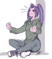 Size: 460x520 | Tagged: safe, artist:samonferrari, aria blaze, equestria girls, clothes, converse, hoodie, sitting, solo