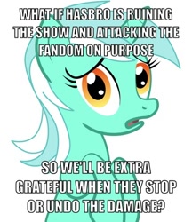 Size: 436x504 | Tagged: safe, pony, unicorn, alicorn drama, background pony strikes again, conspiracy lyra, drama, drama bait, exploitable meme, female, green coat, horn, looking at you, mare, meme, op is trying to start shit, open mouth, simple background, solo, text, two toned mane