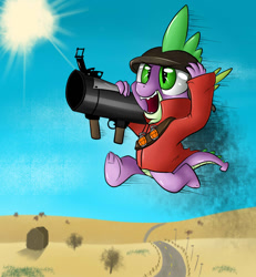 Size: 1024x1107 | Tagged: safe, artist:djbrony00, spike, dragon, crossover, rocket jump, rocket launcher, soldier, solo, team fortress 2