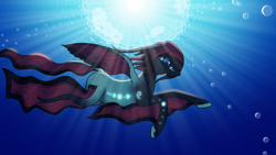 Size: 5000x2812 | Tagged: safe, artist:astralmelodia, oc, oc only, oc:rouge indigo, merpony, bioluminescent, bubble, ocean, solo, underwater