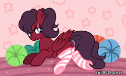 Size: 3413x2068 | Tagged: safe, artist:xwhitedreamsx, oc, oc only, pony, clothes, female, mare, smiling, socks, solo, striped socks, underhoof