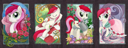 Size: 1800x675 | Tagged: safe, artist:soulscapecreatives, roseluck, alternate hairstyle, bust, clothes, dress, drink, eyes closed, flower, grin, looking back, mouth hold, on back, open mouth, portrait, raised hoof, rose, sandwich, smiling, traditional art, water, watering can