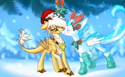 Size: 1133x704 | Tagged: safe, artist:xn-d, oc, oc only, oc:arita, oc:patch, dracony, dragon, hybrid, amulet, antlers, blushing, chest fluff, collar, cool, cute, eyes closed, feathered dragon, happy, hat, jingle bells, love, merry christmas, mistletoe, nuzzling, santa hat, snow, snowfall