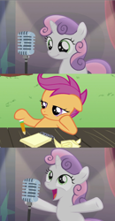 Size: 870x1674 | Tagged: safe, edit, edited screencap, screencap, scootaloo, sweetie belle, pegasus, pony, unicorn, bloom and gloom, bad sweetie belle joke, curtains, duo, female, filly, foal, hat, microphone, notepad, pencil, stage, template