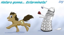 Size: 1600x873 | Tagged: safe, artist:ixbalam, doctor whooves, crossover, dalek, haters gonna hate