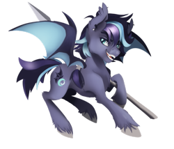 Size: 965x827 | Tagged: safe, artist:anightlypony, oc, oc only, oc:light nocturne, bat pony, pony, blue, fangs, male, night guard, ponytail, purple, solo, spear, stallion, unshorn fetlocks