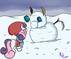 Size: 1500x1250 | Tagged: safe, artist:malwinters, sweetie belle, pony, unicorn, clothes, coat, cute, diasweetes, female, filly, gem, hat, magic, scarf, snow, snowpony, solo, telekinesis, winter