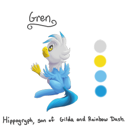 Size: 1232x1252 | Tagged: safe, artist:glacialfalls, oc, oc only, oc:gren, classical hippogriff, hippogriff, colt, cute, interspecies offspring, magical lesbian spawn, male, offspring, parent:gilda, parent:rainbow dash, parents:gildash, reference sheet, simple background, solo, transparent background