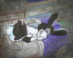 Size: 1002x801 | Tagged: safe, artist:islamilenaria, rumble, thunderlane, pegasus, pony, bed, bedroom, brothers, cute, cutie mark, on back, open mouth, pillow, prone, sheet, sleeping, tail, traditional art, wings