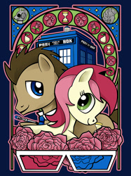 Size: 840x1125 | Tagged: safe, artist:christadoodles, doctor whooves, roseluck, breezie, it ain't easy being breezies, 3d glasses, cyberman, doctor who, doctorrose, female, male, necktie, rose, shipping, straight, tardis, weeping angel