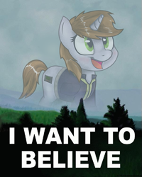 Size: 417x521 | Tagged: safe, artist:teschke, oc, oc only, oc:littlepip, pony, unicorn, fallout equestria, clothes, cute, fanfic, fanfic art, female, i want to believe, mare, meme, solo, the x files, vault suit, x-files