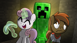 Size: 1600x900 | Tagged: safe, artist:drawponies, button mash, sweetie belle, creeper, don't mine at night, female, jan animations, male, minecraft, shadyvox, shipping, straight, sweetiemash