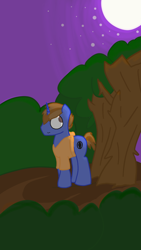 Size: 720x1280 | Tagged: safe, artist:ntheping, oc, oc only, pony, unicorn, :s, frown, get, looking back, male, moon, nervous, night, solo, stallion, tree, wavy mouth, wide eyes