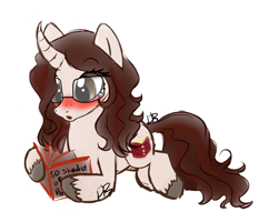 Size: 2500x2000 | Tagged: safe, artist:dari-draws, oc, oc only, pony, unicorn, :o, blushing, book, curved horn, female, fifty shades of grey, freckles, glasses, mare, reading, solo, unshorn fetlocks