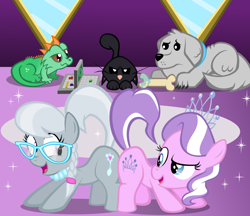 Size: 800x691 | Tagged: safe, artist:magerblutooth, diamond tiara, silver spoon, oc, oc:dazzle, oc:iggy, oc:imperius, cat, dog, earth pony, pony, battleship, bone, bump bump sugar lump rump, butt to butt, butt touch, eye contact, female, filly, floppy ears, frown, glare, iguana, looking at each other, looking back, mirror, raised eyebrow, raised tail, smiling, smirk, sparkles, tail