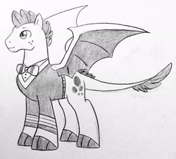 Size: 2422x2197 | Tagged: safe, artist:kianamai, oc, oc only, oc:turquoise blitz, dracony, hybrid, interspecies offspring, kilalaverse, monochrome, next generation, offspring, parent:rarity, parent:spike, parents:sparity, pencil drawing, ponytones outfit, solo, traditional art