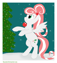 Size: 792x872 | Tagged: safe, artist:meekcheep, oc, oc only, oc:holly day, pegasus, pony, christmas tree, female, flower, flower in hair, mare, mouth hold, pegasus oc, rearing, solo