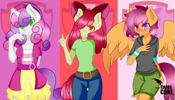 Size: 700x400 | Tagged: safe, artist:caoscore, apple bloom, scootaloo, sweetie belle, anthro, belt, blushing, clothes, cutie mark, cutie mark crusaders, denim, equestria girls outfit, pony coloring, shorts, skirt, the cmc's cutie marks