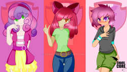 Size: 1024x585 | Tagged: dead source, safe, artist:caoscore, apple bloom, scootaloo, sweetie belle, human, belt, breasts, clothes, cutie mark, cutie mark crusaders, denim, equestria girls outfit, female, human coloration, humanized, shorts, skirt, the cmc's cutie marks, watermark