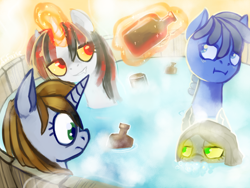Size: 1600x1200 | Tagged: safe, artist:arfaise, oc, oc only, oc:blackjack, oc:fernblossom, oc:littlepip, oc:why, pony, unicorn, fallout equestria, fallout equestria: project horizons, alcohol, bath, bottle, clothes, drunk, fanfic, fanfic art, female, glowing horn, horn, levitation, magic, mare, pipbuck, telekinesis, vault suit, whiskey