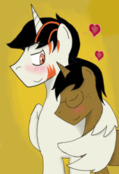 Size: 527x769 | Tagged: safe, artist:elvis-lopez, artist:wildfirethesmug, oc, oc only, oc:flare, oc:wildfire ignitus, alicorn, pony, unicorn, alicorn oc, cuddling, freckles, gay, glasses, heart, hug, male, shipping, snuggling, stallion, winghug