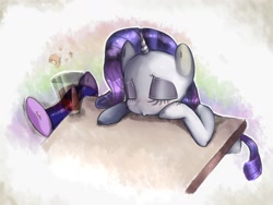 Size: 1600x1200 | Tagged: safe, artist:angelstar063, derpibooru import, rarity, twilight sparkle, pony, unicorn, canterlot boutique, chocolate milk, eyes closed, leaning, lurking, sad, sleeping, soon