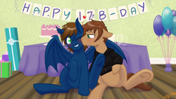 Size: 1280x720 | Tagged: safe, artist:naomiknight17, oc, oc only, oc:cue ball, oc:warly, bat pony, pony, unicorn, vampony, birthday, blushing, gay, kissing, male, pet, stallion, underhoof