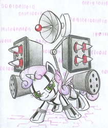 Size: 757x897 | Tagged: safe, artist:islamilenaria, sweetie belle, sweetie bot, pony, robot, unicorn, friendship is witchcraft, binary, female, filly, foal, gun, hooves, horn, radar, rocket launcher, smiling, solo, traditional art, weapon