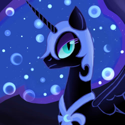 Size: 1024x1024 | Tagged: safe, artist:oblivion-55, nightmare moon, alicorn, black coat, female, horn, mare, simple background, solo