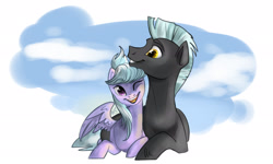 Size: 2300x1384 | Tagged: safe, artist:doretihome, cloudchaser, thunderlane, pegasus, pony, female, hug, male, mare, prone, shipping, smiling, stallion, straight, thunderchaser, winghug, wink