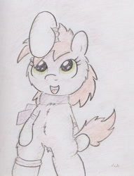 Size: 562x734 | Tagged: safe, artist:slightlyshade, ruby pinch, pony, unicorn, blushing, clothes, filly, scarf, socks, solo, traditional art